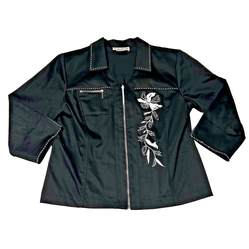 VTG Black Embroidered 3/4 Sleeves Zip Lightweight Nancy Bolen Jacket Women's 10